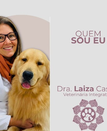 Post: quem sou eu, Dra. Laiza Cassia, veterinária integrativa, com um golden retriever